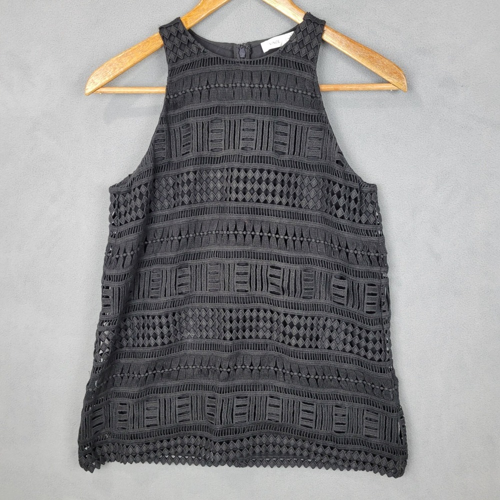 Vince Tank Top Women's 2 Black Geo Crochet Lace Lined Back Zip Cotton Round Neck